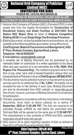 National Grid Company of Pakistan Limited Lahore Tender Notice